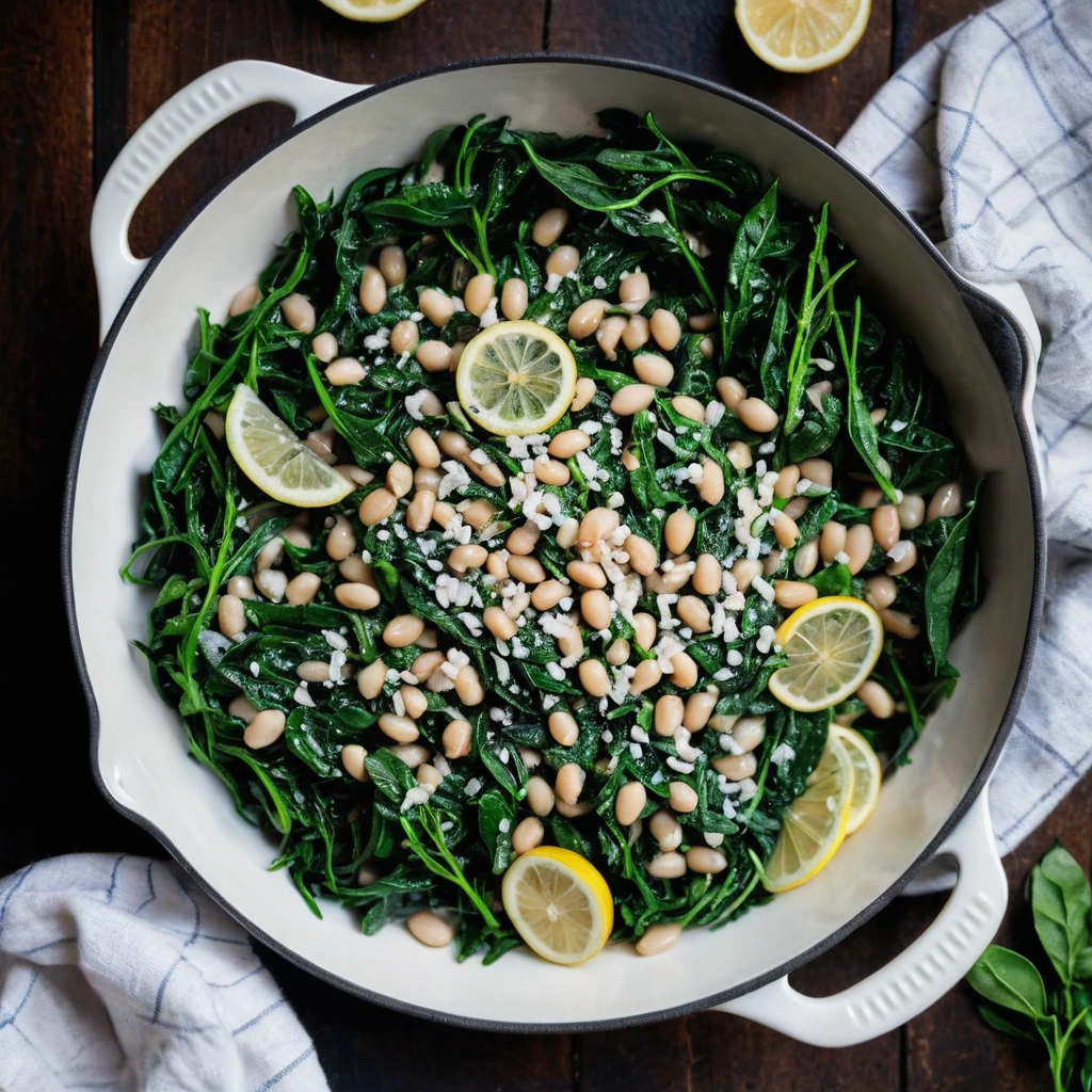 Colorful greens and white beans sizzling in a skillet, dotted with lemon slices and a sprinkle of fresh herbs.