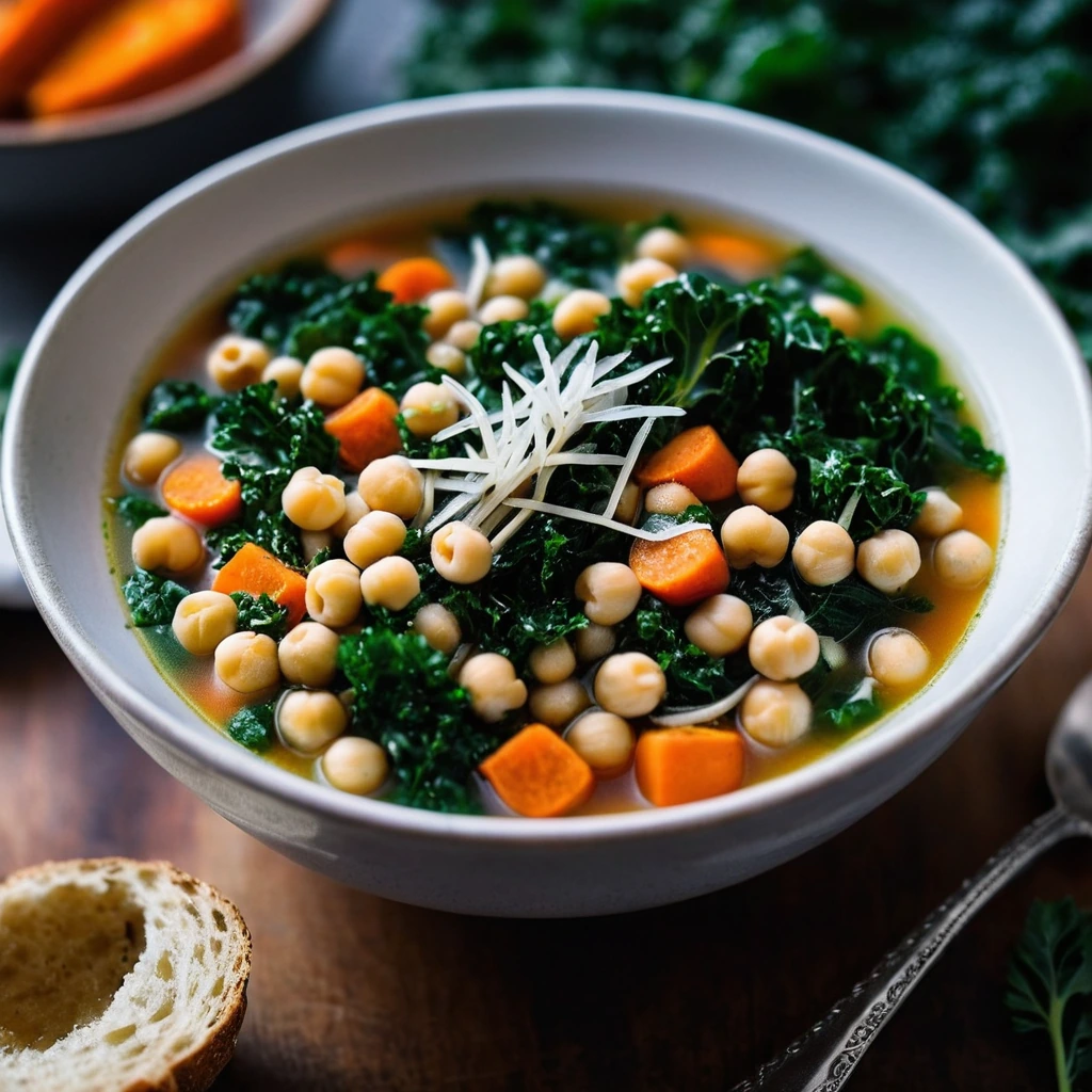 Bowl of vibrant green and orange minestrone soup with kale and chickpeas, topped with grated Parmesan.