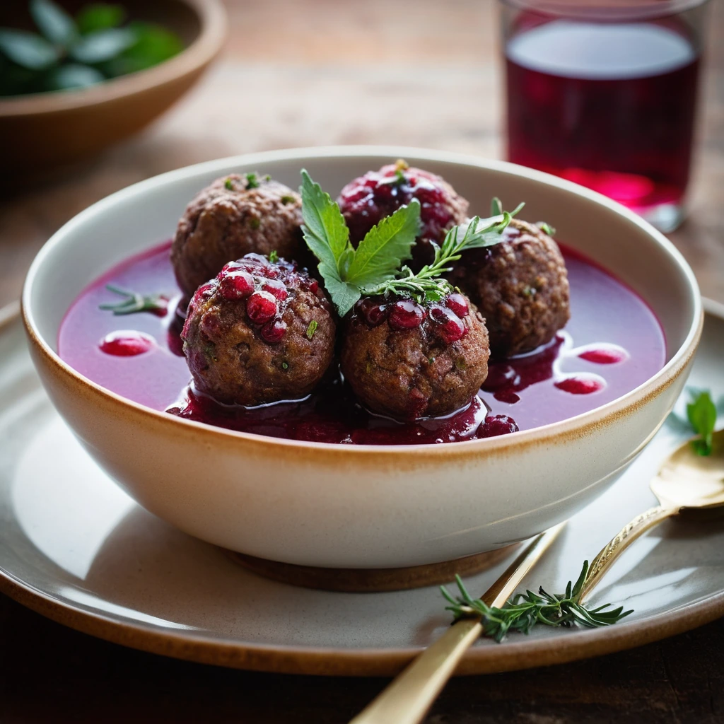 Golden brown meatballs in a vibrant red cranberry sauce, garnished with fresh thyme, served on a rustic plate.
