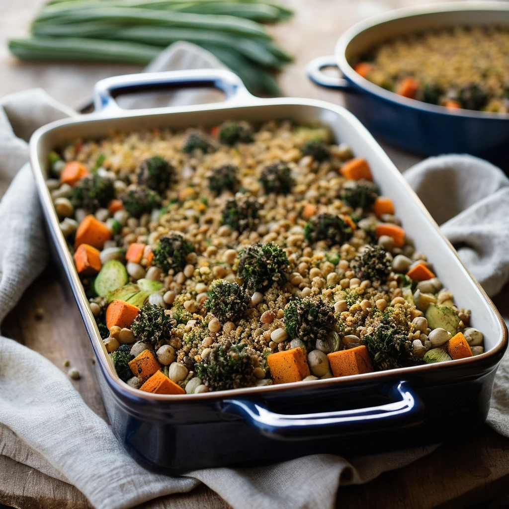 Baked casserole in a rustic dish with golden breadcrumbs topping and colorful winter vegetables.