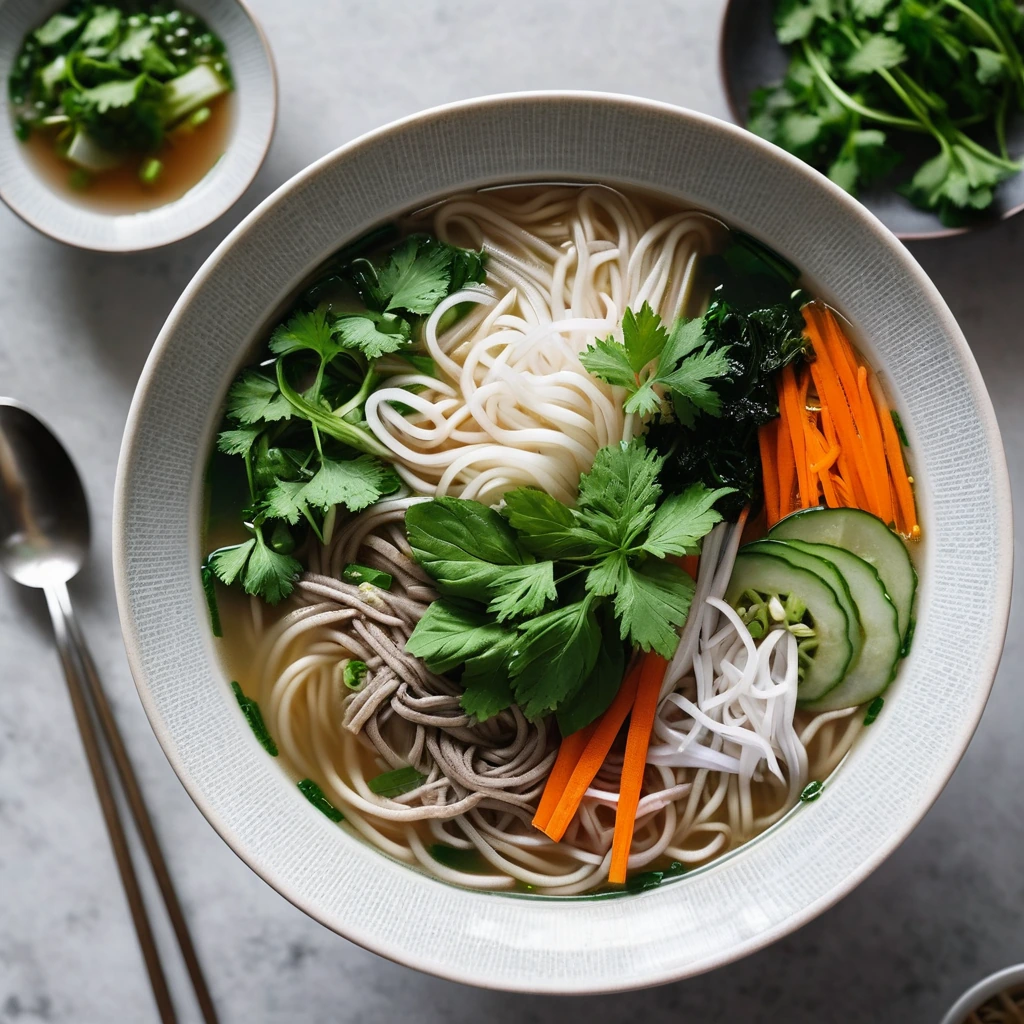 Steamy bowl of pho with rice noodles, colorful vegetables, and fresh herbs.