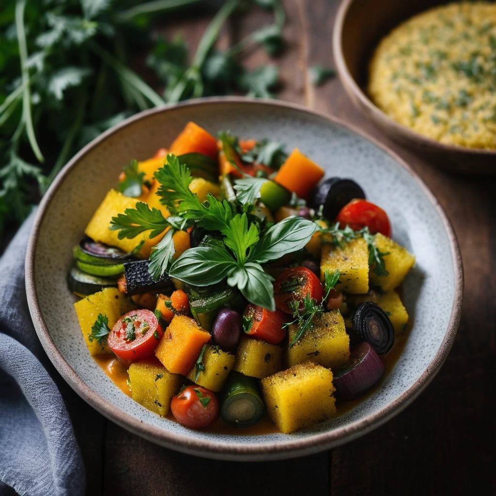 Rustic bowl of colorful winter ratatouille with golden polenta, garnished with fresh parsley.