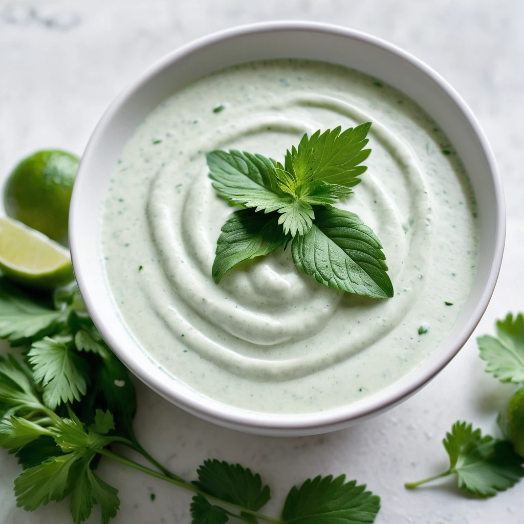 Vibrant green sauce in a white bowl with cilantro leaves scattered on top