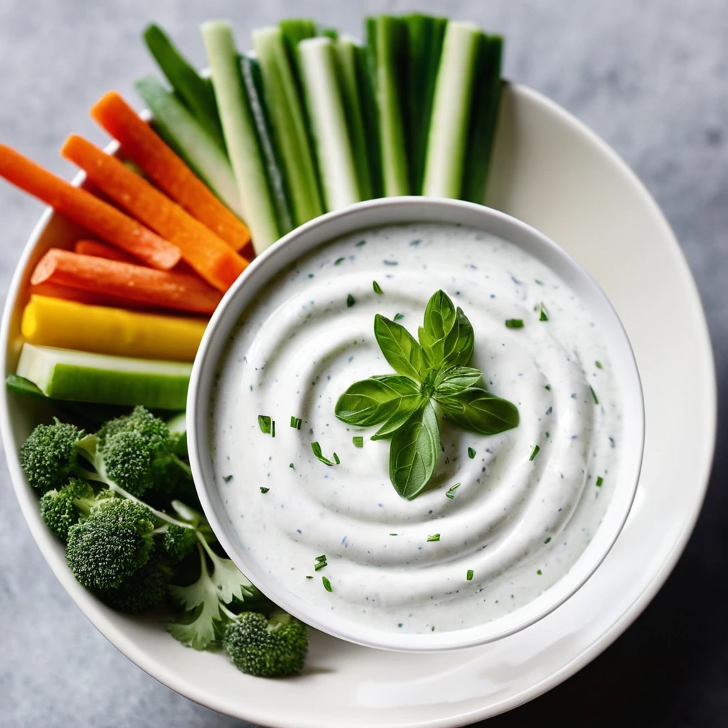 Creamy white dip in a bowl sprinkled with green herbs, served with colorful veggie sticks.