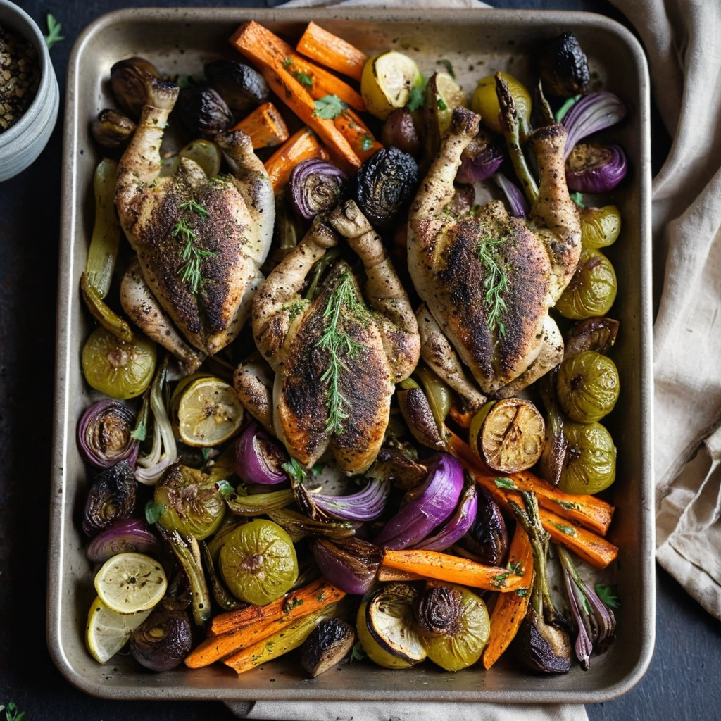Sheet pan with roasted chicken thighs and mixed colorful vegetables sprinkled with za'atar, served in a rustic presentation.