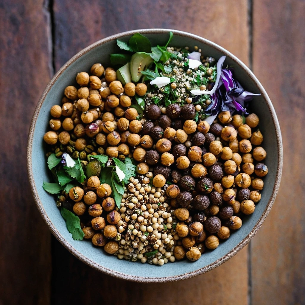Colorful roasted vegetables and golden chickpeas sprinkled with zaatar in a large bowl
