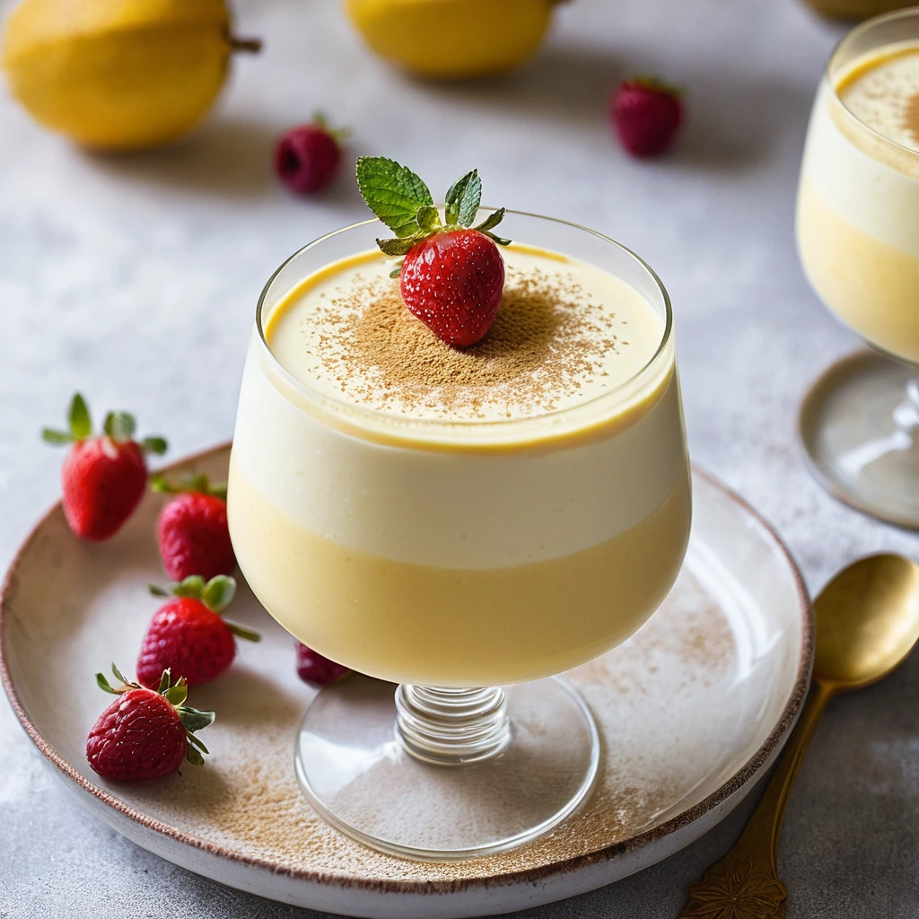 A bowl of golden, frothy dessert with a dusting of cinnamon on top.