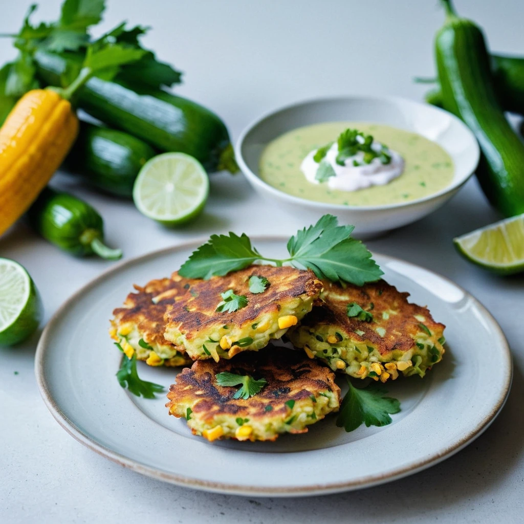 Golden brown fritters on a white plate with a vibrant green cilantro garnish and a small bowl of orange-tinged yogurt dip.