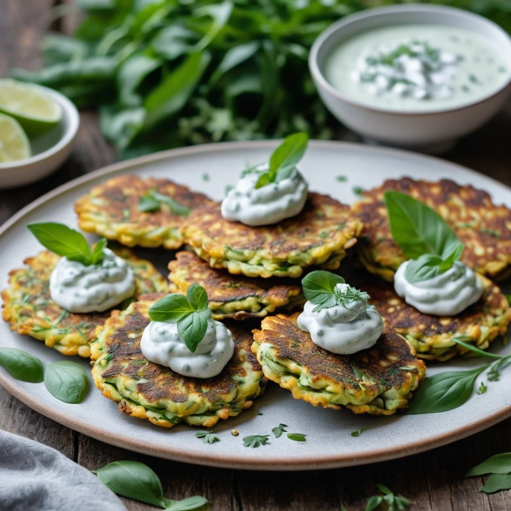 Platter of golden fritters with green herbs, drizzled with white yogurt sauce, arranged on a rustic wooden board.